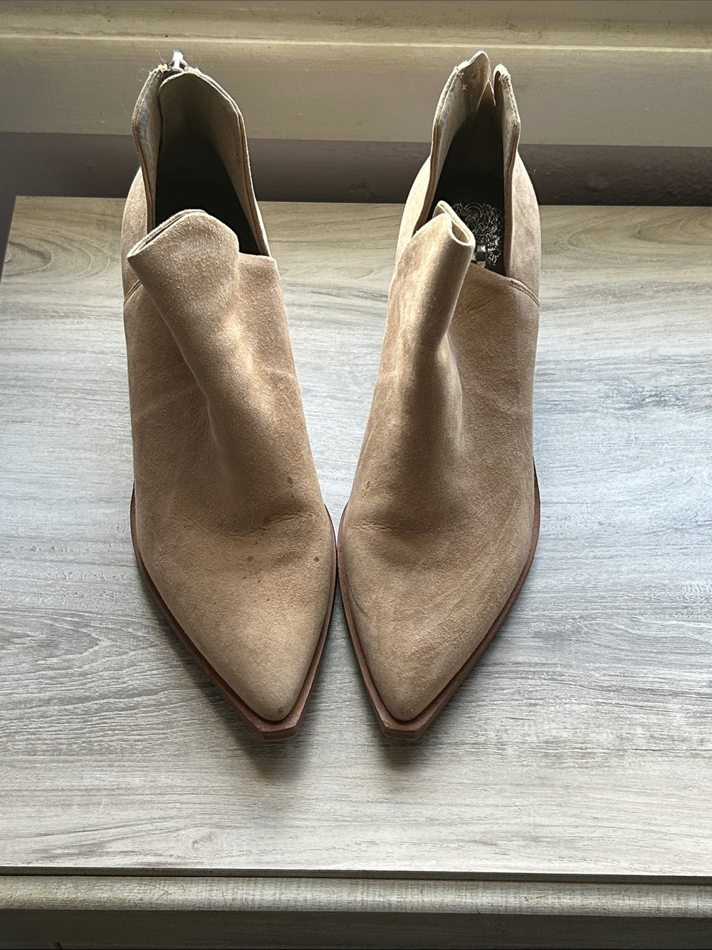 Vince Camuto Taupe Suede Pointed Toe Ankle Booties